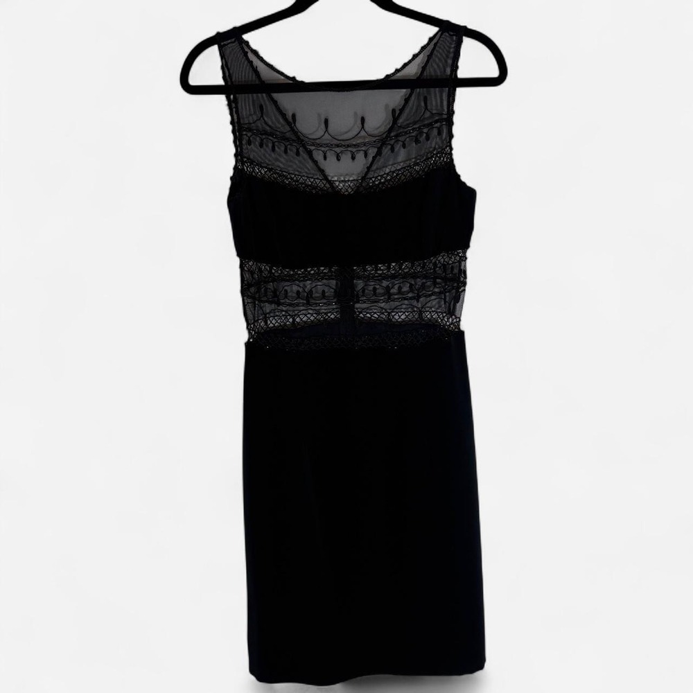 Vintage Cache Y2K Black Lace Mini Dress Sheer Mesh Panels and Lace Trims, size 6